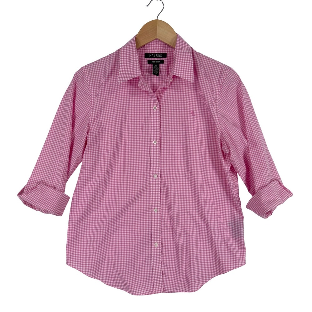 Lauren Ralph Lauren Button Down Women M Pink Gingham 3/4 Sleeve Non-Iron Fitted